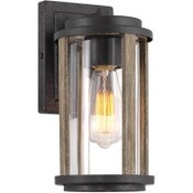 Wholesale - Morrison 11" Rustic Traditional Outdoor Weather Resistant Wall Sconce + Cylinder Glass Shade, Weathered Oak Wood Style + Textured Black Finish, UPC: 810018526610